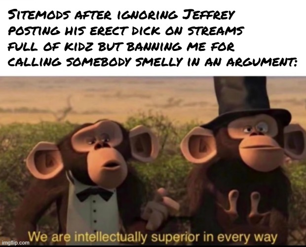 We are intellectually superior in every way | Sitemods after ignoring Jeffrey posting his erect dick on streams full of kidz but banning me for calling somebody smelly in an argument: | image tagged in we are intellectually superior in every way | made w/ Imgflip meme maker