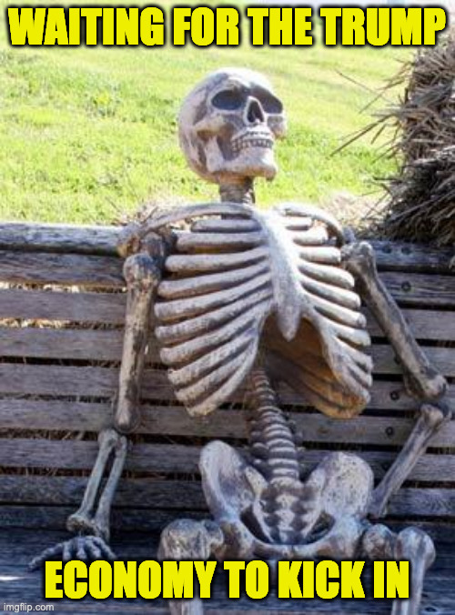 Cue the sad harmonica music. | WAITING FOR THE TRUMP; ECONOMY TO KICK IN | image tagged in memes,waiting skeleton,trump economy | made w/ Imgflip meme maker