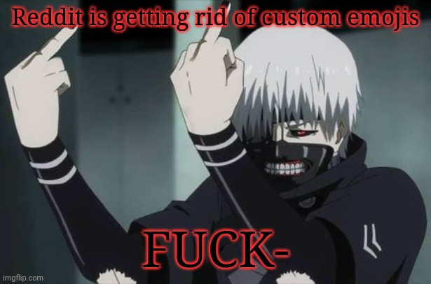 All because "not enough streams use it!" BITCH EVERY STREAM I FOLLOW AT LEAST HAS ONE OR TWO- | Reddit is getting rid of custom emojis; FU​​CK- | image tagged in tokyo ghoul fauk | made w/ Imgflip meme maker