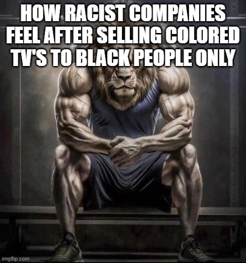Too dumb to realize | HOW RACIST COMPANIES FEEL AFTER SELLING COLORED TV'S TO BLACK PEOPLE ONLY | image tagged in chad lion,racism sucks | made w/ Imgflip meme maker