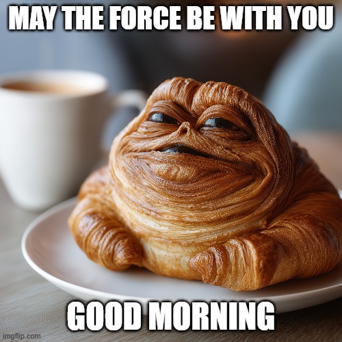 Force With You Morning | MAY THE FORCE BE WITH YOU; GOOD MORNING | image tagged in star wars,funny memes,good morning,jabba the hutt,jabba,breakfast | made w/ Imgflip meme maker