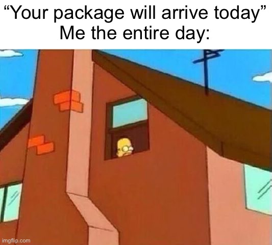 Just bought something I’ve been wanting for a while | “Your package will arrive today”
Me the entire day: | image tagged in homer looking out window,package,shipping | made w/ Imgflip meme maker