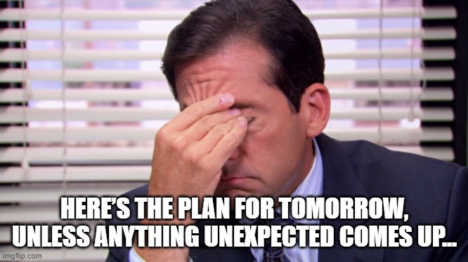 Annoying | HERE’S THE PLAN FOR TOMORROW, UNLESS ANYTHING UNEXPECTED COMES UP... | image tagged in annoying | made w/ Imgflip meme maker