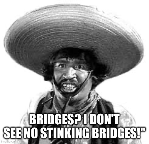Badges we dont need no stinking badges | BRIDGES? I DON'T SEE NO STINKING BRIDGES!" | image tagged in badges we dont need no stinking badges | made w/ Imgflip meme maker