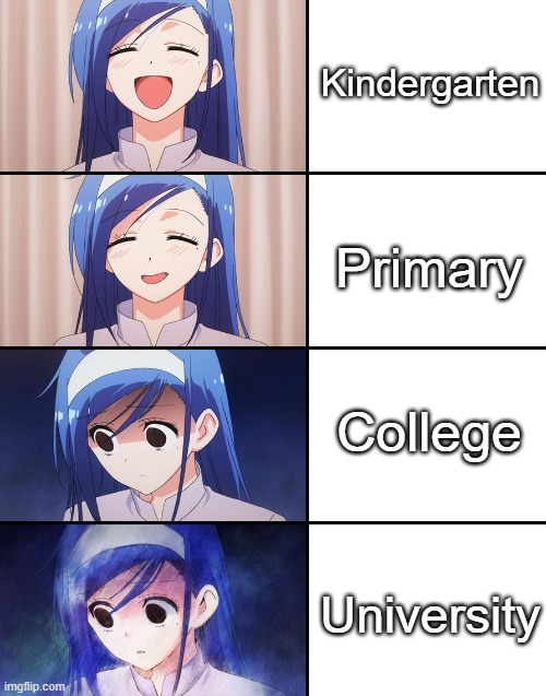 Life of students | Kindergarten; Primary; College; University | image tagged in anime girl realisation,school,school meme,memes | made w/ Imgflip meme maker