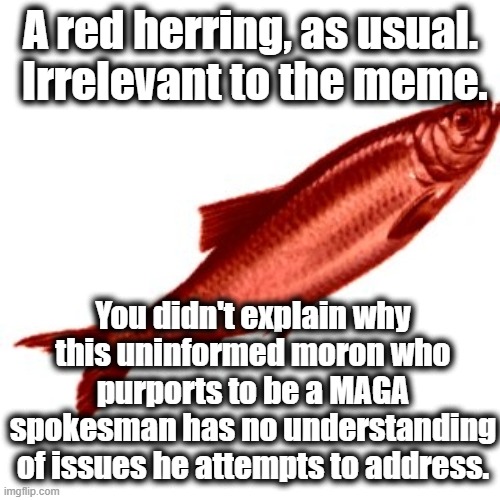 Red Herring | A red herring, as usual.  Irrelevant to the meme. You didn't explain why this uninformed moron who purports to be a MAGA spokesman has no un | image tagged in red herring | made w/ Imgflip meme maker