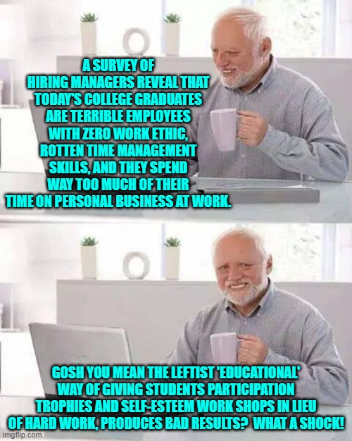 I am shocked -- shocked I say!   Okay, well, maybe not all that shocked. | A SURVEY OF HIRING MANAGERS REVEAL THAT TODAY'S COLLEGE GRADUATES ARE TERRIBLE EMPLOYEES WITH ZERO WORK ETHIC, ROTTEN TIME MANAGEMENT SKILLS, AND THEY SPEND WAY TOO MUCH OF THEIR TIME ON PERSONAL BUSINESS AT WORK. GOSH YOU MEAN THE LEFTIST 'EDUCATIONAL' WAY OF GIVING STUDENTS PARTICIPATION TROPHIES AND SELF-ESTEEM WORK SHOPS IN LIEU OF HARD WORK, PRODUCES BAD RESULTS?  WHAT A SHOCK! | image tagged in hide the pain harold | made w/ Imgflip meme maker