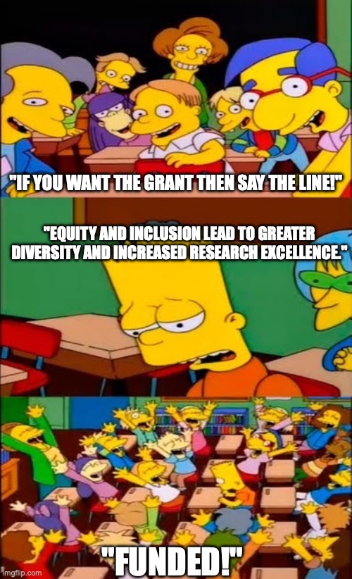 say the line bart! simpsons | "IF YOU WANT THE GRANT THEN SAY THE LINE!"; "EQUITY AND INCLUSION LEAD TO GREATER DIVERSITY AND INCREASED RESEARCH EXCELLENCE."; "FUNDED!" | image tagged in say the line bart simpsons | made w/ Imgflip meme maker