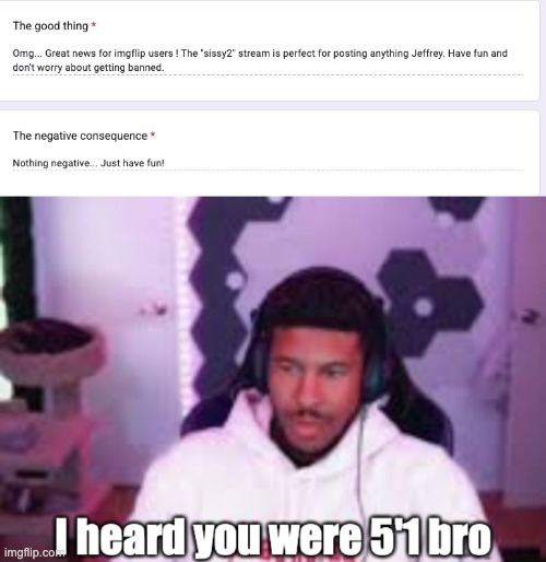 guys report whoever posts on that stream | image tagged in i heard you were 5'1 bro | made w/ Imgflip meme maker