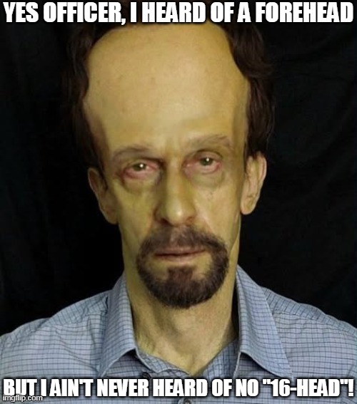 The Leader Forehead | YES OFFICER, I HEARD OF A FOREHEAD; BUT I AIN'T NEVER HEARD OF NO "16-HEAD"! | image tagged in the leader,forehead,marvel,captain america | made w/ Imgflip meme maker