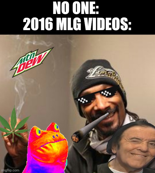 Mlg video's hit differently | NO ONE: 

2016 MLG VIDEOS: | image tagged in laughing snoopdog dogg,mlg,memes,2016 | made w/ Imgflip meme maker