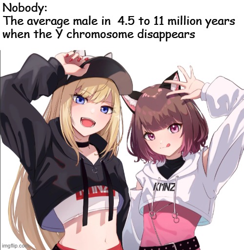 Nobody:
The average male in  4.5 to 11 million years when the Y chromosome disappears | made w/ Imgflip meme maker