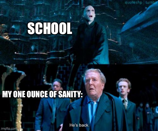 It’s depressing. | SCHOOL; MY ONE OUNCE OF SANITY: | image tagged in he's back | made w/ Imgflip meme maker