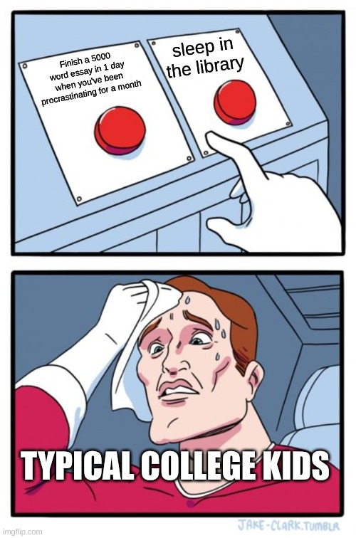 to anyone in college | sleep in the library; Finish a 5000 word essay in 1 day when you've been procrastinating for a month; TYPICAL COLLEGE KIDS | image tagged in memes,two buttons | made w/ Imgflip meme maker