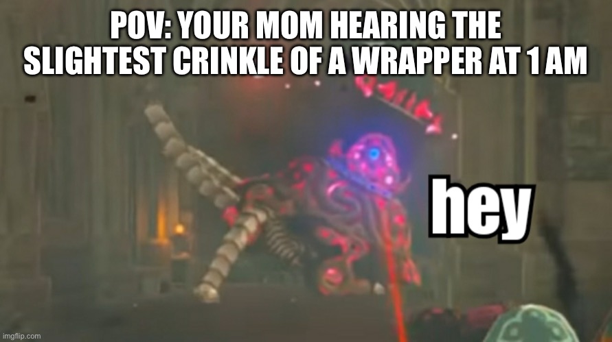Welp. You’re cooked | POV: YOUR MOM HEARING THE SLIGHTEST CRINKLE OF A WRAPPER AT 1 AM | image tagged in guardian hey,memes,fun | made w/ Imgflip meme maker