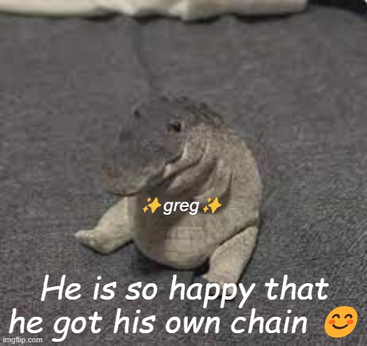 Y'all made him so very happy thx | ✨greg✨; He is so happy that he got his own chain 😊 | image tagged in greg | made w/ Imgflip meme maker