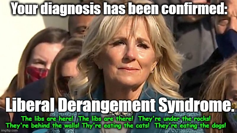 Jill Biden | Your diagnosis has been confirmed: Liberal Derangement Syndrome. The libs are here!  The libs are there!  They're under the rocks! They're b | image tagged in jill biden | made w/ Imgflip meme maker