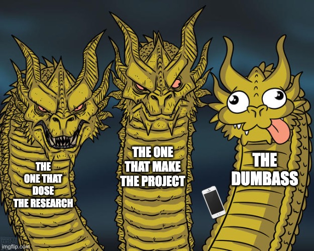 Three-headed Dragon | THE ONE THAT MAKE THE PROJECT; THE DUMBASS; THE ONE THAT DOSE THE RESEARCH | image tagged in three-headed dragon | made w/ Imgflip meme maker