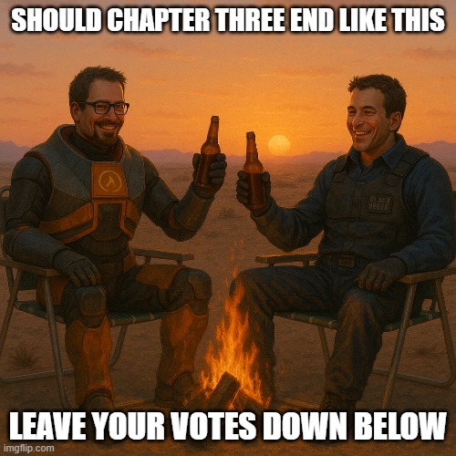 Yo valve, idea for ya | SHOULD CHAPTER THREE END LIKE THIS; LEAVE YOUR VOTES DOWN BELOW | image tagged in ai generated,half life,half life 3 | made w/ Imgflip meme maker