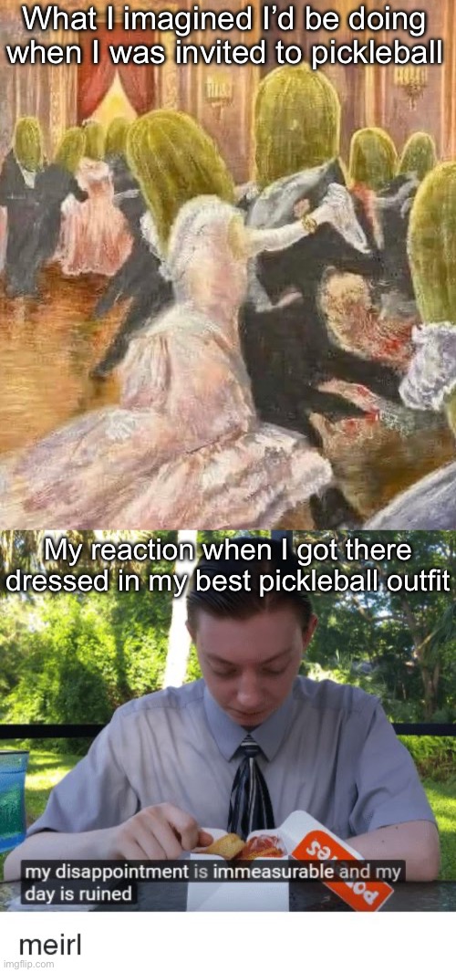 Pickle Ball | What I imagined I’d be doing when I was invited to pickleball; My reaction when I got there dressed in my best pickleball outfit | image tagged in my disappointment is immeasurable and my day is ruined,pickle,balls,invited,ball | made w/ Imgflip meme maker
