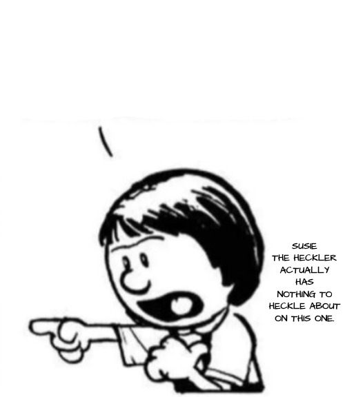 Susie yelling at Calvin | SUSIE THE HECKLER ACTUALLY HAS NOTHING TO HECKLE ABOUT ON THIS ONE. | image tagged in susie yelling at calvin | made w/ Imgflip meme maker