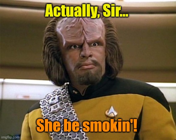 Worf Star Trek | Actually, Sir... She be smokin'! | image tagged in worf star trek | made w/ Imgflip meme maker