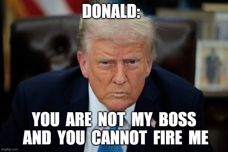 Fireproof | DONALD:; YOU  ARE  NOT  MY  BOSS  AND  YOU  CANNOT  FIRE  ME | made w/ Imgflip meme maker