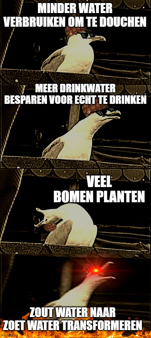 WATER | MINDER WATER VERBRUIKEN OM TE DOUCHEN; MEER DRINKWATER BESPAREN VOOR ECHT TE DRINKEN; VEEL BOMEN PLANTEN; ZOUT WATER NAAR ZOET WATER TRANSFORMEREN | image tagged in memes,inhaling seagull | made w/ Imgflip meme maker