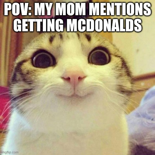 Mc Donalds | POV: MY MOM MENTIONS GETTING MCDONALDS | image tagged in memes,smiling cat | made w/ Imgflip meme maker
