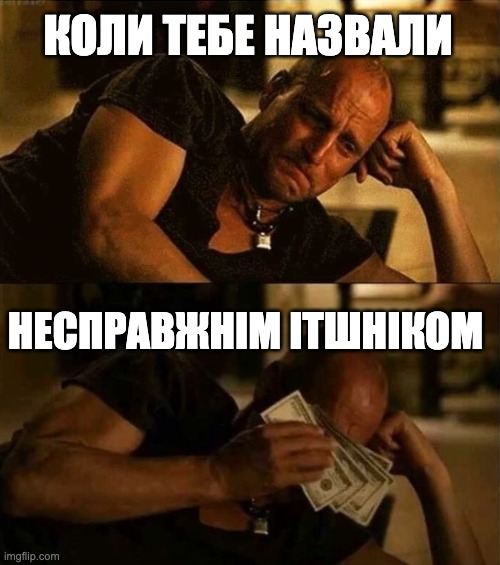 Zombieland money tears | КОЛИ ТЕБЕ НАЗВАЛИ; НЕСПРАВЖНІМ ІТШНІКОМ | image tagged in zombieland money tears | made w/ Imgflip meme maker