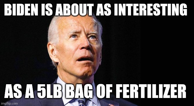 Biden interesting | BIDEN IS ABOUT AS INTERESTING; AS A 5LB BAG OF FERTILIZER | image tagged in confused joe biden,funny memes | made w/ Imgflip meme maker