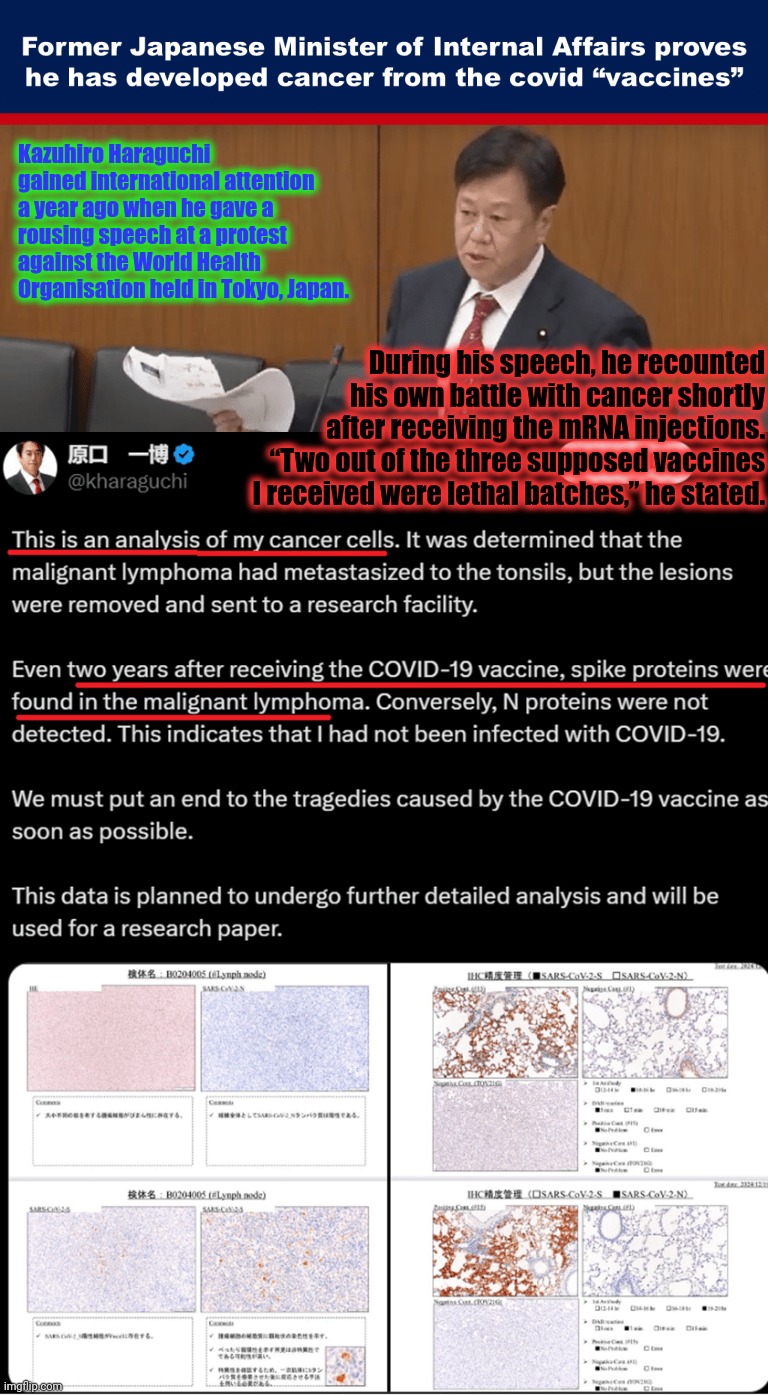 Former Japanese Minister with Cancer - "We must put an end to the tragedies caused by the covid-19 vaccine as soon as possible." | Kazuhiro Haraguchi gained international attention a year ago when he gave a rousing speech at a protest against the World Health Organisation held in Tokyo, Japan. During his speech, he recounted his own battle with cancer shortly after receiving the mRNA injections. “Two out of the three supposed vaccines I received were lethal batches,” he stated. | image tagged in covid-19 injections,cancerous,lethal weapon,captain hindsight,covid_truth_memes,killer meme | made w/ Imgflip meme maker