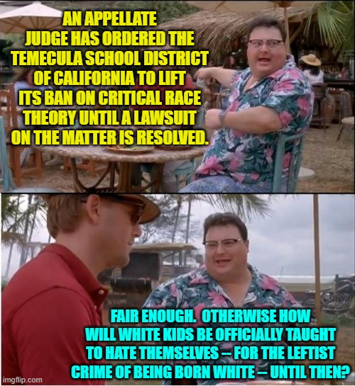 Leftist teachers, leave them kids alone! | AN APPELLATE JUDGE HAS ORDERED THE TEMECULA SCHOOL DISTRICT OF CALIFORNIA TO LIFT ITS BAN ON CRITICAL RACE THEORY UNTIL A LAWSUIT ON THE MATTER IS RESOLVED. FAIR ENOUGH.  OTHERWISE HOW WILL WHITE KIDS BE OFFICIALLY TAUGHT TO HATE THEMSELVES -- FOR THE LEFTIST CRIME OF BEING BORN WHITE -- UNTIL THEN? | image tagged in see nobody cares | made w/ Imgflip meme maker