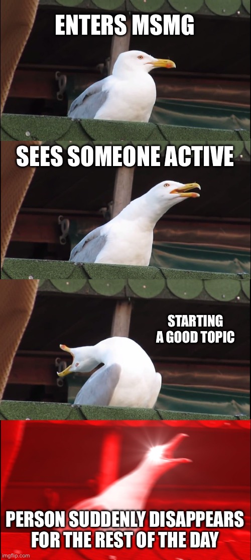 Inhaling Seagull | ENTERS MSMG; SEES SOMEONE ACTIVE; STARTING A GOOD TOPIC; PERSON SUDDENLY DISAPPEARS FOR THE REST OF THE DAY | image tagged in memes,inhaling seagull | made w/ Imgflip meme maker