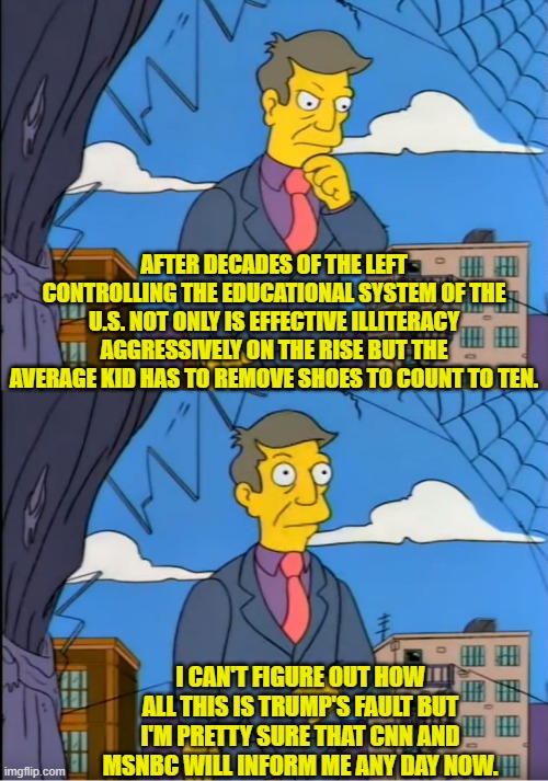 Leftist teachers, you got some 'splaining to do. | AFTER DECADES OF THE LEFT CONTROLLING THE EDUCATIONAL SYSTEM OF THE U.S. NOT ONLY IS EFFECTIVE ILLITERACY AGGRESSIVELY ON THE RISE BUT THE AVERAGE KID HAS TO REMOVE SHOES TO COUNT TO TEN. I CAN'T FIGURE OUT HOW ALL THIS IS TRUMP'S FAULT BUT I'M PRETTY SURE THAT CNN AND MSNBC WILL INFORM ME ANY DAY NOW. | image tagged in skinner out of touch | made w/ Imgflip meme maker