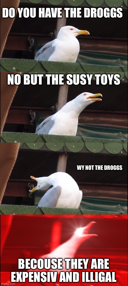 duck | DO YOU HAVE THE DROGGS; NO BUT THE SUSY TOYS; WY NOT THE DROGGS; BECOUSE THEY ARE EXPENSIV AND ILLIGAL | image tagged in memes,inhaling seagull | made w/ Imgflip meme maker