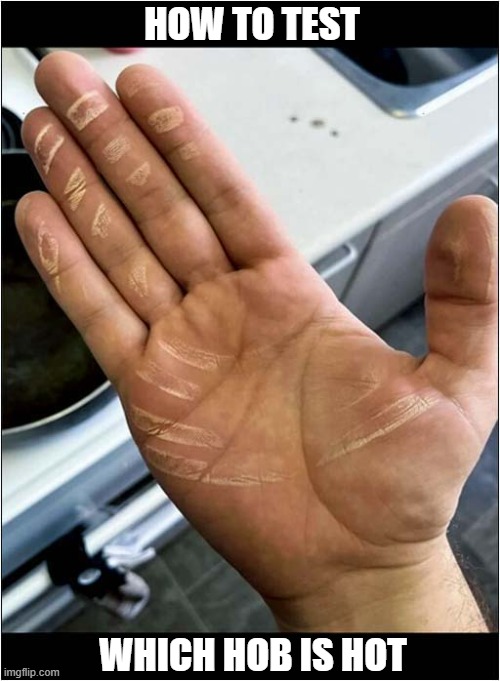 Kitchen Pro Tip | HOW TO TEST; WHICH HOB IS HOT | image tagged in kitchen,tips,burns,dark humour | made w/ Imgflip meme maker