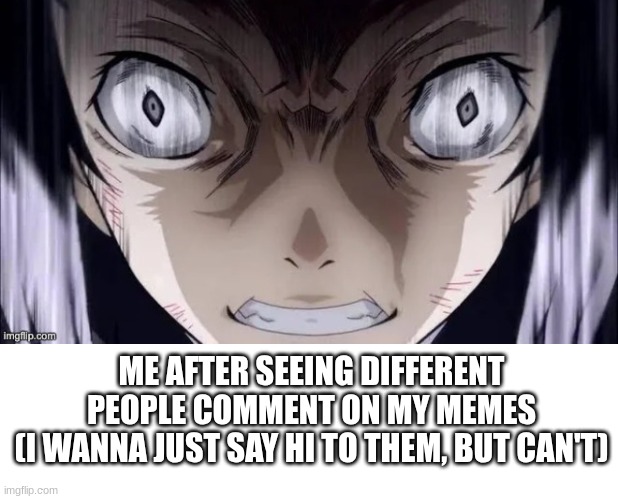 IDK WHAT TO DO!!! | ME AFTER SEEING DIFFERENT PEOPLE COMMENT ON MY MEMES
(I WANNA JUST SAY HI TO THEM, BUT CAN'T) | image tagged in memes | made w/ Imgflip meme maker