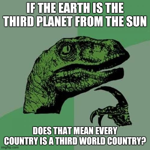 Shower Thoughts, Episode 2 | IF THE EARTH IS THE THIRD PLANET FROM THE SUN; DOES THAT MEAN EVERY COUNTRY IS A THIRD WORLD COUNTRY? | image tagged in memes,philosoraptor | made w/ Imgflip meme maker