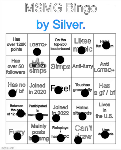 Silver.'s MSMG Bingo | I think so | image tagged in silver 's msmg bingo | made w/ Imgflip meme maker