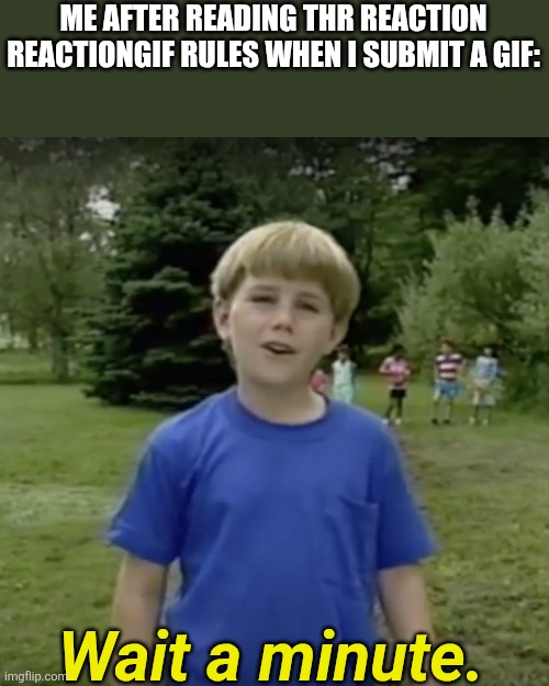 I just realised | ME AFTER READING THR REACTION REACTIONGIF RULES WHEN I SUBMIT A GIF:; Wait a minute. | image tagged in kazoo kid wait a minute who are you,bruh,wait a minute,oh god why | made w/ Imgflip meme maker