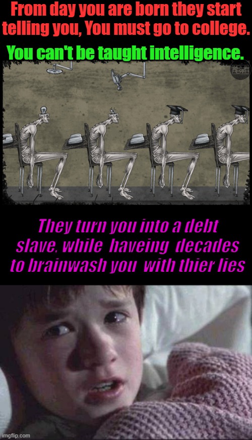 The GOV controled Propoganda Factories. | From day you are born they start telling you, You must go to college. You can't be taught intelligence. They turn you into a debt slave, while  haveing  decades  to brainwash you  with thier lies | image tagged in memes,i see dead people | made w/ Imgflip meme maker