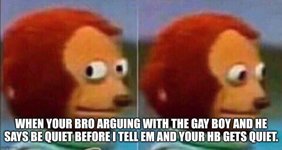 . | WHEN YOUR BRO ARGUING WITH THE GAY BOY AND HE SAYS BE QUIET BEFORE I TELL EM AND YOUR HB GETS QUIET. | image tagged in monkey looking away | made w/ Imgflip meme maker