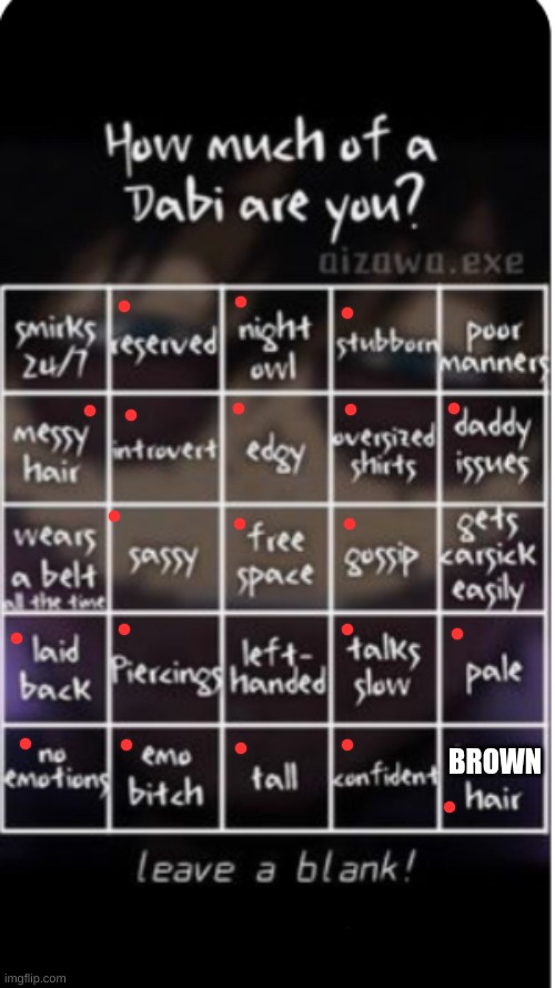 I aM wOrThY oF tHe TiTlE wItH 4 BiNgOs!!! | BROWN | image tagged in how much of dabi are you | made w/ Imgflip meme maker
