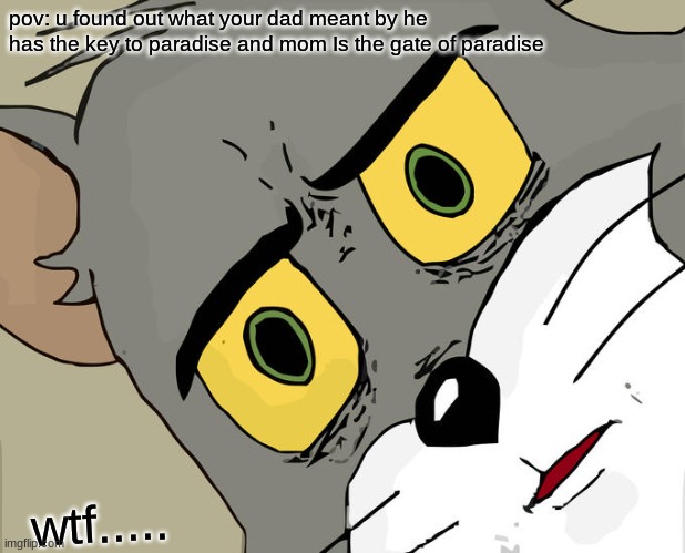 pov paradise | pov: u found out what your dad meant by he has the key to paradise and mom Is the gate of paradise; wtf..... | image tagged in memes,unsettled tom | made w/ Imgflip meme maker