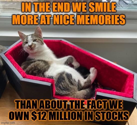 This #lolcat wonders what matters most in the end | IN THE END WE SMILE MORE AT NICE MEMORIES; THAN ABOUT THE FACT WE OWN $12 MILLION IN STOCKS | image tagged in death,lolcat,wealth,important | made w/ Imgflip meme maker