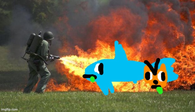 sharks r just dum fish that byte ur toes 4 no resun lol and cats r sneeky furry demonz that knok stuff over 4 fun | image tagged in flamethrower | made w/ Imgflip meme maker