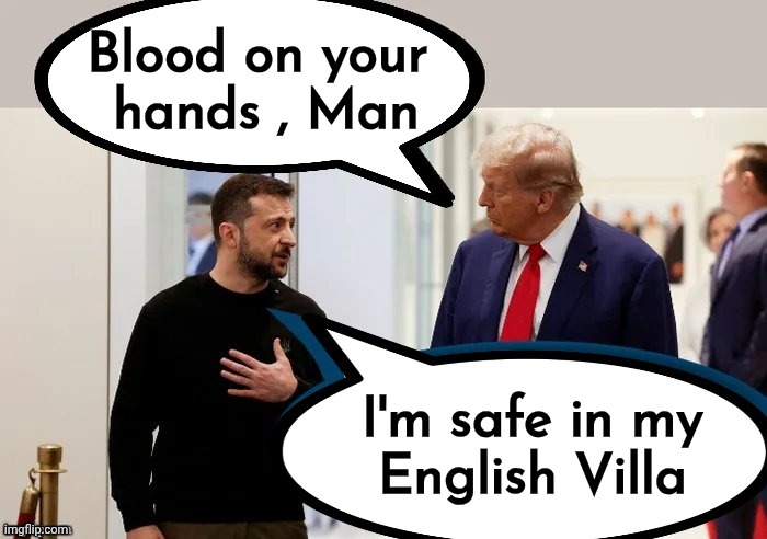 Trump and Zelensky | Blood on your 
hands , Man I'm safe in my
English Villa | image tagged in trump and zelensky | made w/ Imgflip meme maker