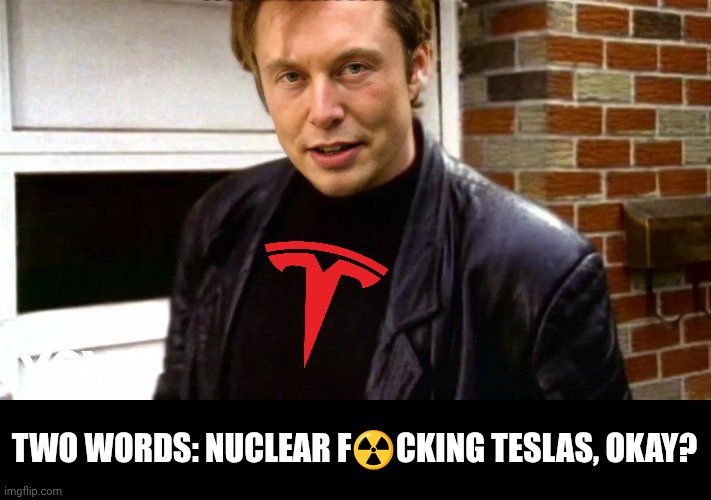 Nuclear memes okay | TWO WORDS: NUCLEAR F☢️CKING TESLAS, OKAY? | image tagged in elon musk - dennis leary,elon musk,tesla,face swap,nuclear bomb | made w/ Imgflip meme maker
