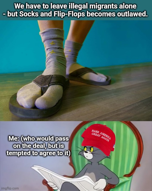 We have to leave illegal migrants alone - but Socks and Flip-Flops becomes outlawed. Me: (who would pass on the deal, but is tempted to agree to it) | image tagged in tom cat reading a newspaper | made w/ Imgflip meme maker